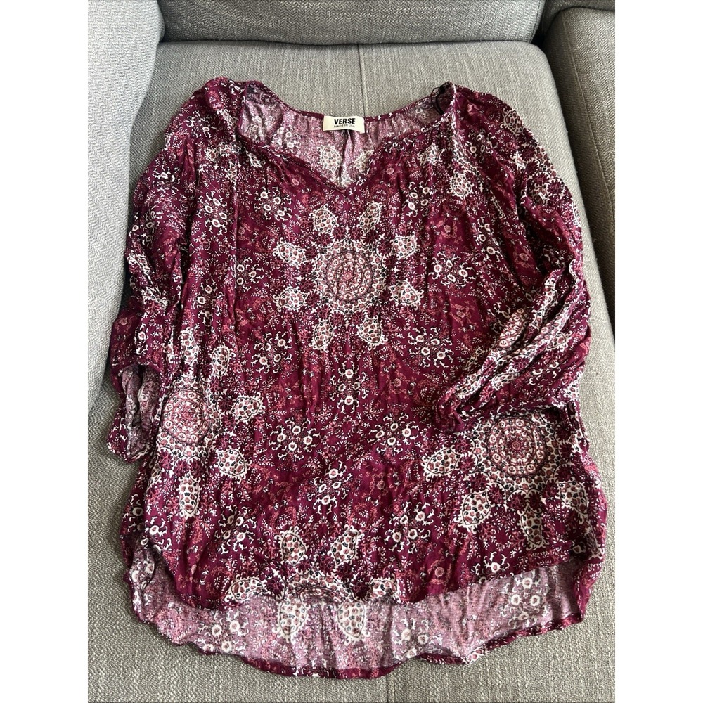 Verse Women's Pink Blue Black Paisley V-Neck Blouse 3/4 Sleeve Large